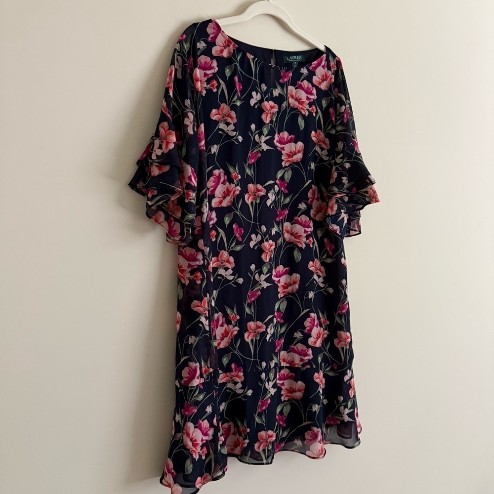 Lauren Ralph Lauren Floral Print Ruffle Dress – Navy and Pink Womens Size 12 - Picture 5 of 14